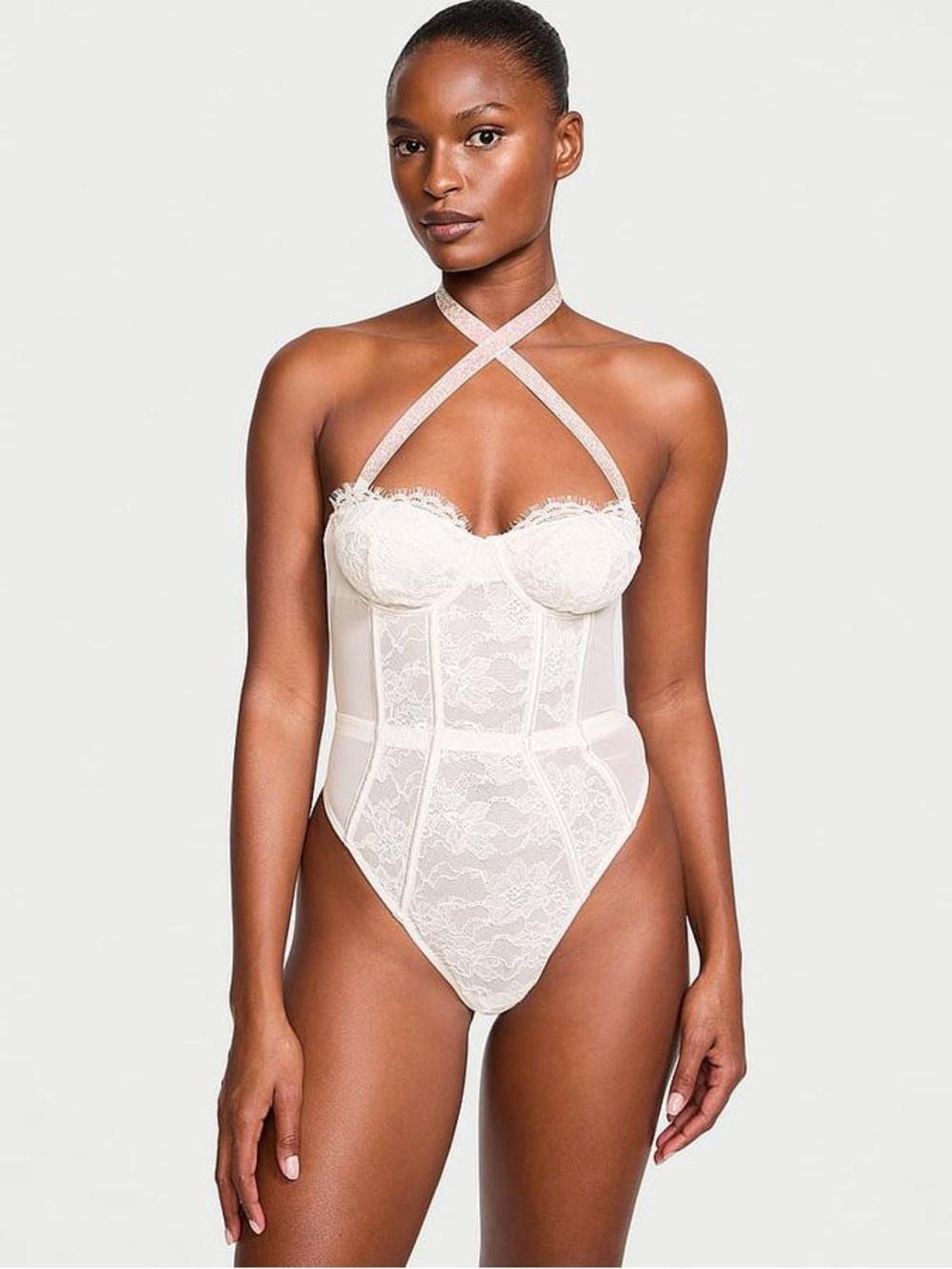 Victoria's Secret Ivory Lace Crisscross Halter Bodysuit
